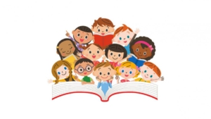 viele Kinder über einem Buch